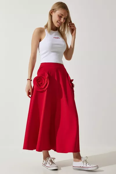 Kadın Kırmızı Gül Aksesuarlı Tasarım Premium Midi Etek 