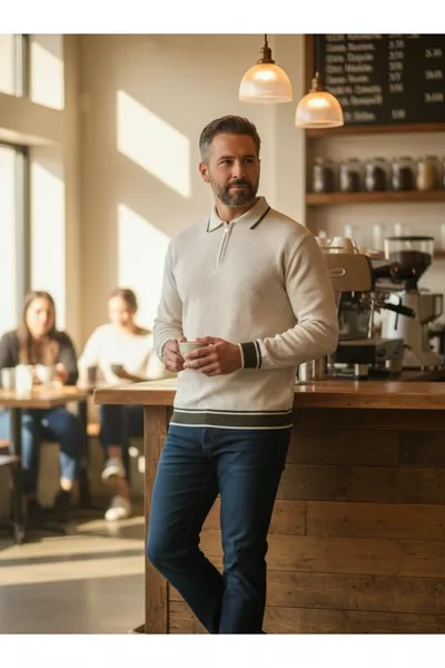 كنزة شتوية رجالية بلون الكريم، منسوجة بسلك فولاذي، بياقة قميص وأمامية محكمة بسحّاب، بياقة بولو، من قماش صوفي لا يتلف