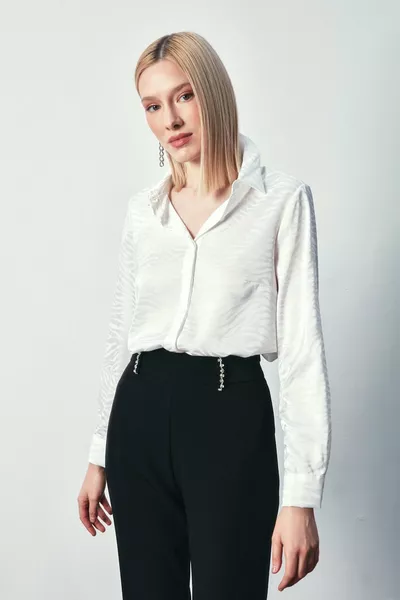 Gemustertes Einfarbiges Klassisches Hemd - Ecru