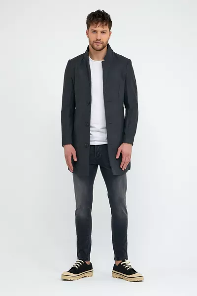Cappotto da uomo antracite slim fit con collo alto in lana