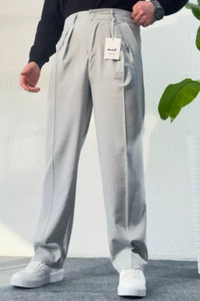 Pantalon Gris Clair Baggy à Double Plis Coupe Confortable Nouvelle Saison