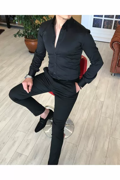 قميص رجالي أسود ساتان بياقة عالية بقصة ضيقة على الطراز الإيطالي 