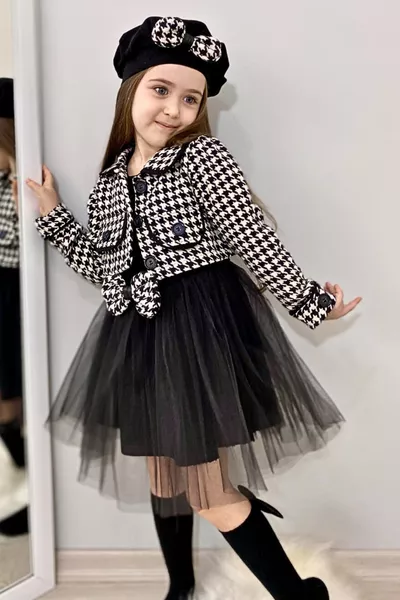 Robe en tulle pour fille avec veste à carreaux pied-de-poule et chapeau - Robe de fête - Robe du  avril