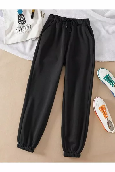 بنطال رياضي للجنسين بخصر مرتفع مطاطي، بحواف وأكياس، بخيوط مزدوجة مبطنة بالشاردون