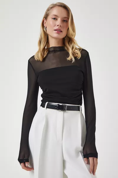 Blouse en chiffon transparente noire pour femme avec détails froncés 