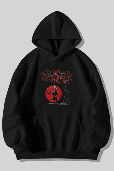 Felpa con cappuccio unisex nera con tasca a marsupio e stampa Naruto Akatsuki Itachi