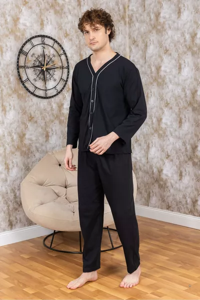 طقم بيجامة رجالي بأزرار كاملة من القطن عالي الجودة 