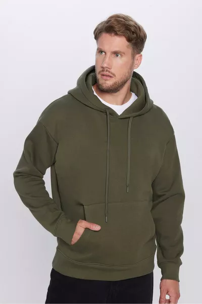 سويت شيرت بغطاء رأس أساسي باللون الأخضر، واسع الحجم للجنسين، من القطن بنسيج ناعم وطبقة داخلية مبطنة بالفرو