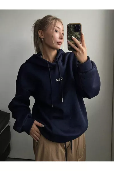 Kadın LACİVERT Calm Growth Baskılı Oversize Kapüşonlu Sweatshirt