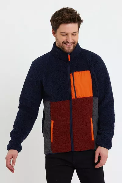 جاكيت قطبي رجالي بسحّاب وياقة مرتفعة ولونه كحلي