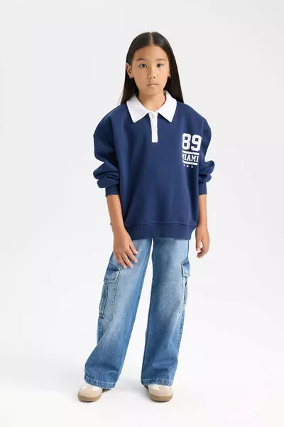 Mädchen Oversize Weite Passform Polo-Kragen Bedrucktes, Innen Weich Gefüttertes Sweatshirt WN