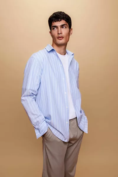 ريلاكس فيت بولو ياقة مخطط بوبلين قميص بأكمام طويلة au