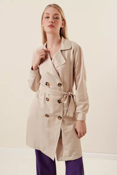  Double-Breasted Short Trench Coat - Beige