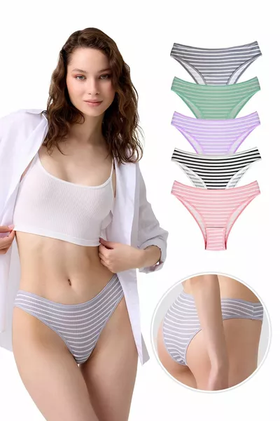 Dames Braziliaanse slip van katoen met streeppatroon van geribbeld materiaal, set van 5