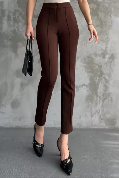 Kadın Kahve Yüksek Bel Toparlayıcı Dar Paça Çimalı Kumaş Pantolon