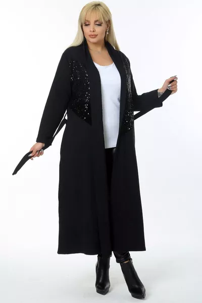 Длинный стильный кардиган с карманами, ремнем и пайетками