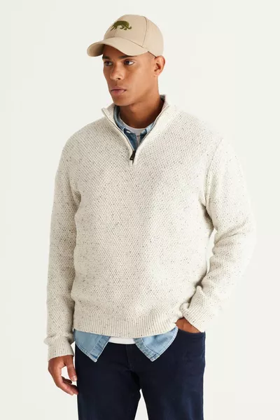 كنزة رجالية من القطن مع نقشة، لون بيج-أسود، قصة عادية، ياقة باتو، قياس قياسي