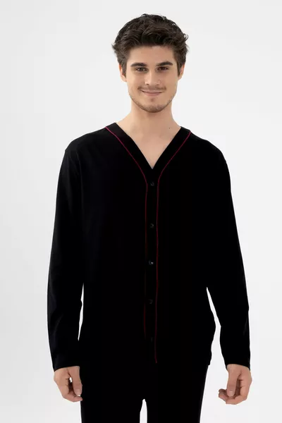 طقم بيجامة رجالي من القطن مع الإيلاستين، بأزرار وتفاصيل جيب