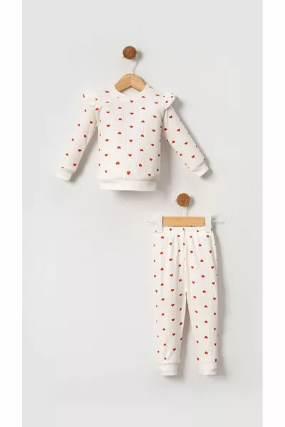 Комплект за бебе момиче с дантелени сърца, памучен 2-частен - бял