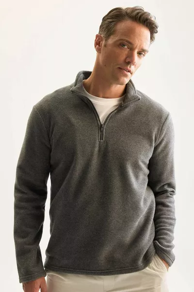 Anthracite Non-Pilling Cold-Resistant Regular Fit Stand Collar Zip-Up Fleece Sweatshirt AZNS