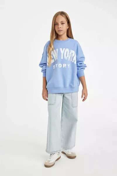 Mädchen Oversize Weit geschnittenes Sweatshirt mit Rundhalsausschnitt und Print WN