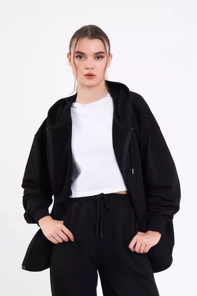 طقم رياضي نسائي أسود عادي قصّة عادية، بكابيشو، خصر مطاطي، واسع، موسمي، علوي وسفلي