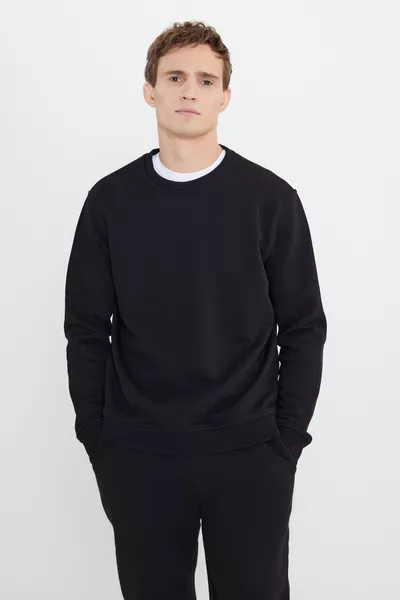 طقم رياضي رجالي أسود من القطن بسماكة ثلاث خيوط مبطن من الداخل بالفيسكوز دافئ، بمقاس قياسي، بسحّاب، قطعة علوية وسفلية مزدوجة