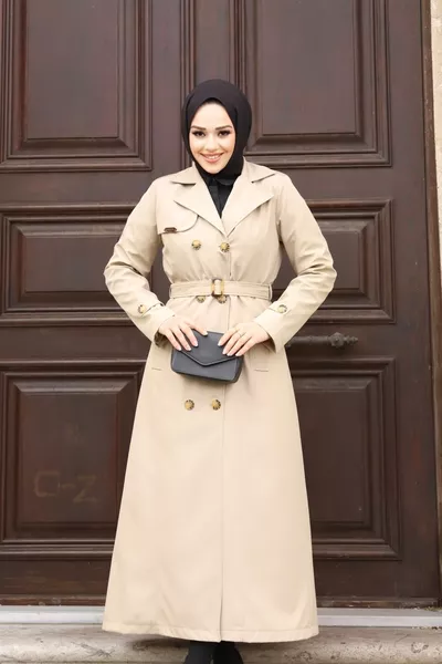 1. High-Quality Long Women's Trench Coat with Lined Double-Breasted Collar in Cream