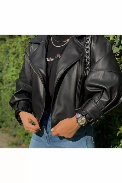 Zwarte ballonmouw leren jas