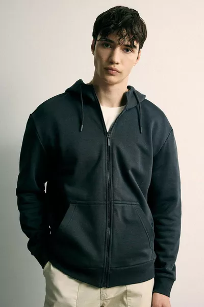 Felpa con cappuccio Regular Fit, interno morbido e peloso, con tasche, basic, zip frontale AU