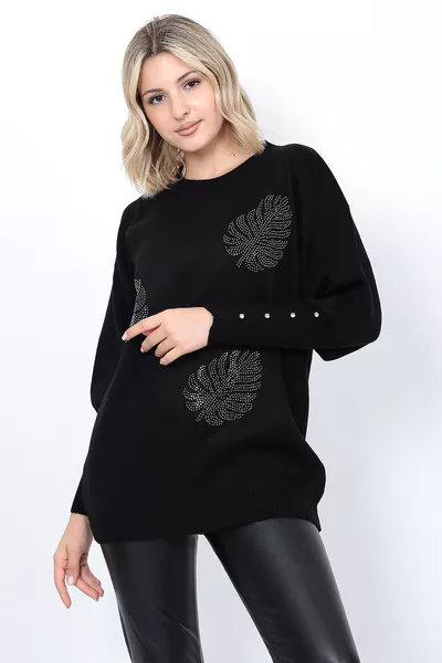 Женский вязаный свитер с круглым вырезом, узор в виде листьев, украшенный камнями, оверсайз, черный
