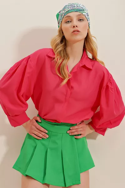 Camicia Basic in Popeline con Maniche a Palloncino Fucsia da Donna 