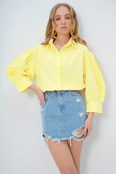 Damen Basic Popelinehemd mit Gelbem Ballonärmel, verdeckter Knopfleiste 