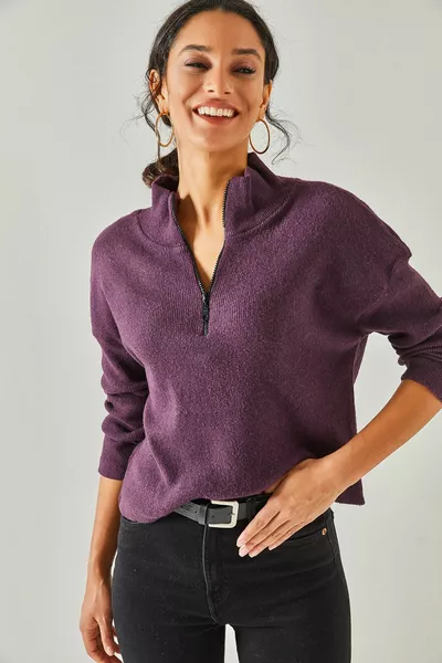 Women's Plum Zippered Stand-Up Collar Sweater 