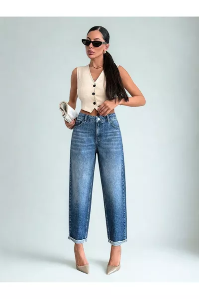 Jeans Mom Fit a Lunghezza Polso da Donna Blu