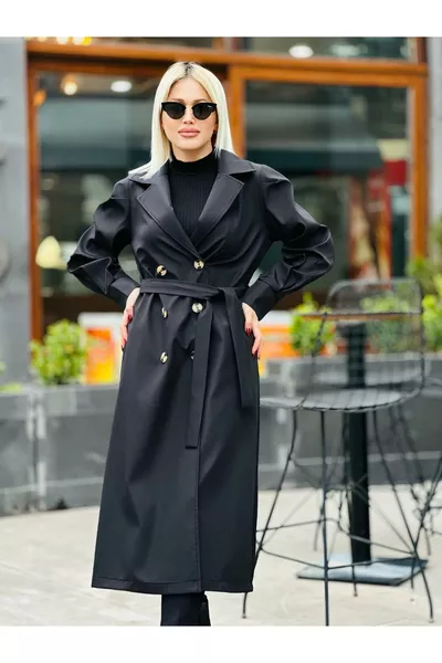 معطف ترنش أسود بأكمام بالون وأساور