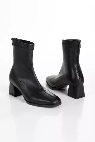 Women's Black Square Toe Stretch 5 cm Heeled Boots