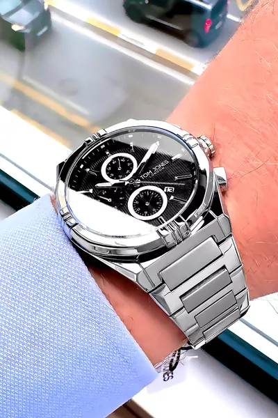 ساعة يد رجالية مقاومة للماء حتى 3 ضغط جوي، بسوار فولاذي فضي اللون *