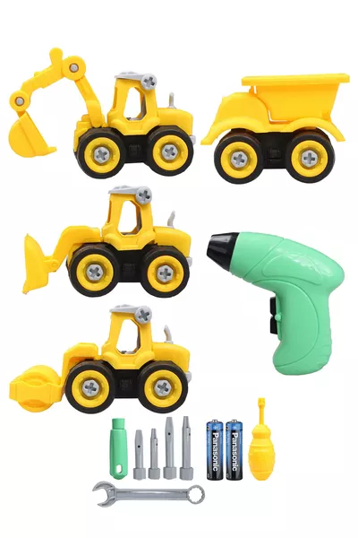 Eğitici Sök Tak Oyuncak 4 lü İş Makinaları Pilli Matkaplı Tamir Seti  Parça Ekskavatör,Kepçe ,Sili