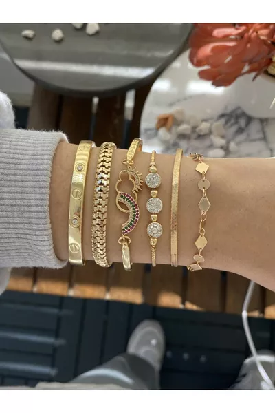 طقم سوار ذهبي مطلي للنساء يتكون من 5 قطع