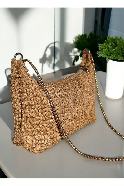 حقيبة يد وكتف نسائية منسوجة بشكل متعرج مع سلسلة ذهبية
