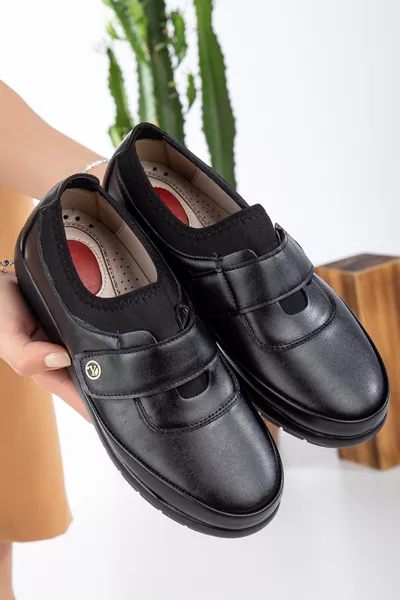 Women's Black Orthopedic Leather-Lined Heel Gel Comfortable Shoes 