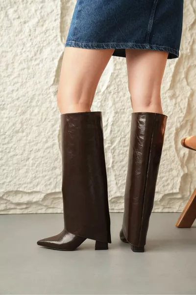 حذاء طويل نسائي وندا قابل للارتداء والإزالة - بني لامع