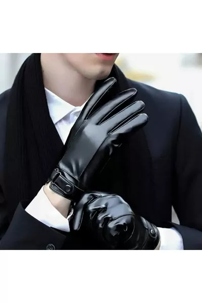 Men's Black Faux Leather Gloves Compatible with Touchscreen