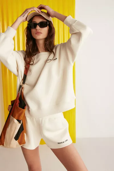 Jennifer Women's Organic Cotton Embroidered Round Neck Oversized Vanilla Sweatshirt