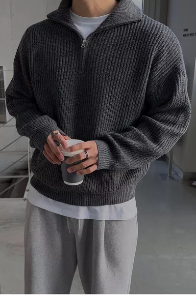 Мужской свитер-oversize с застежкой-молнией и высоким воротником, дымчато-серый