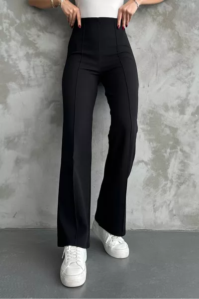 بنطال بالازو أسود واسع الساق للنساء بموسم جديد مطاط عند الخصر وبلون ليكرا