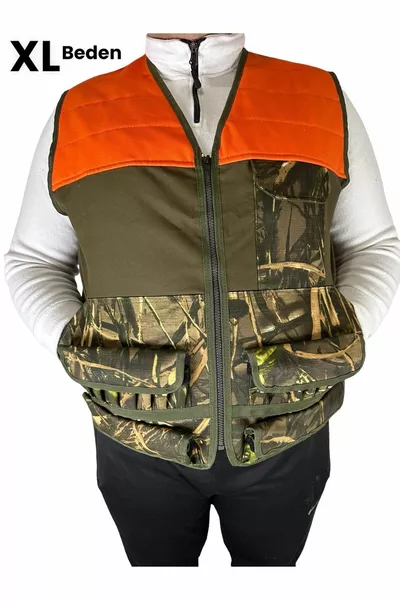 سترة الصيد - بسعة ذخيرة - بأكتاف برتقالية - قماش بنقشة شجر خضراء على لون زيتي