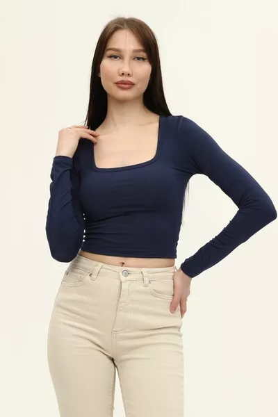 Dames Indigo Blauwe Vierkante Hals Lange Mouwen Croptop Blouse