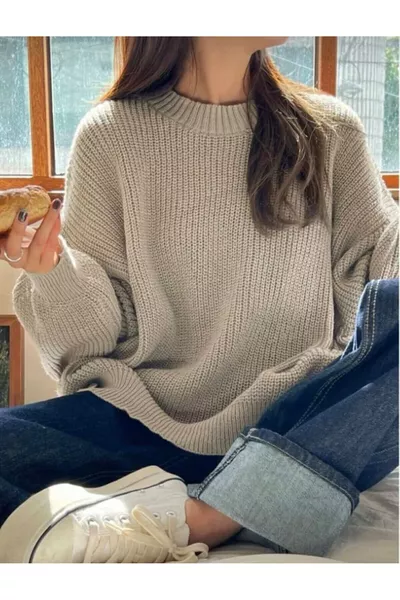 Beige Crew Neck Oversized Women's Knit Sweater